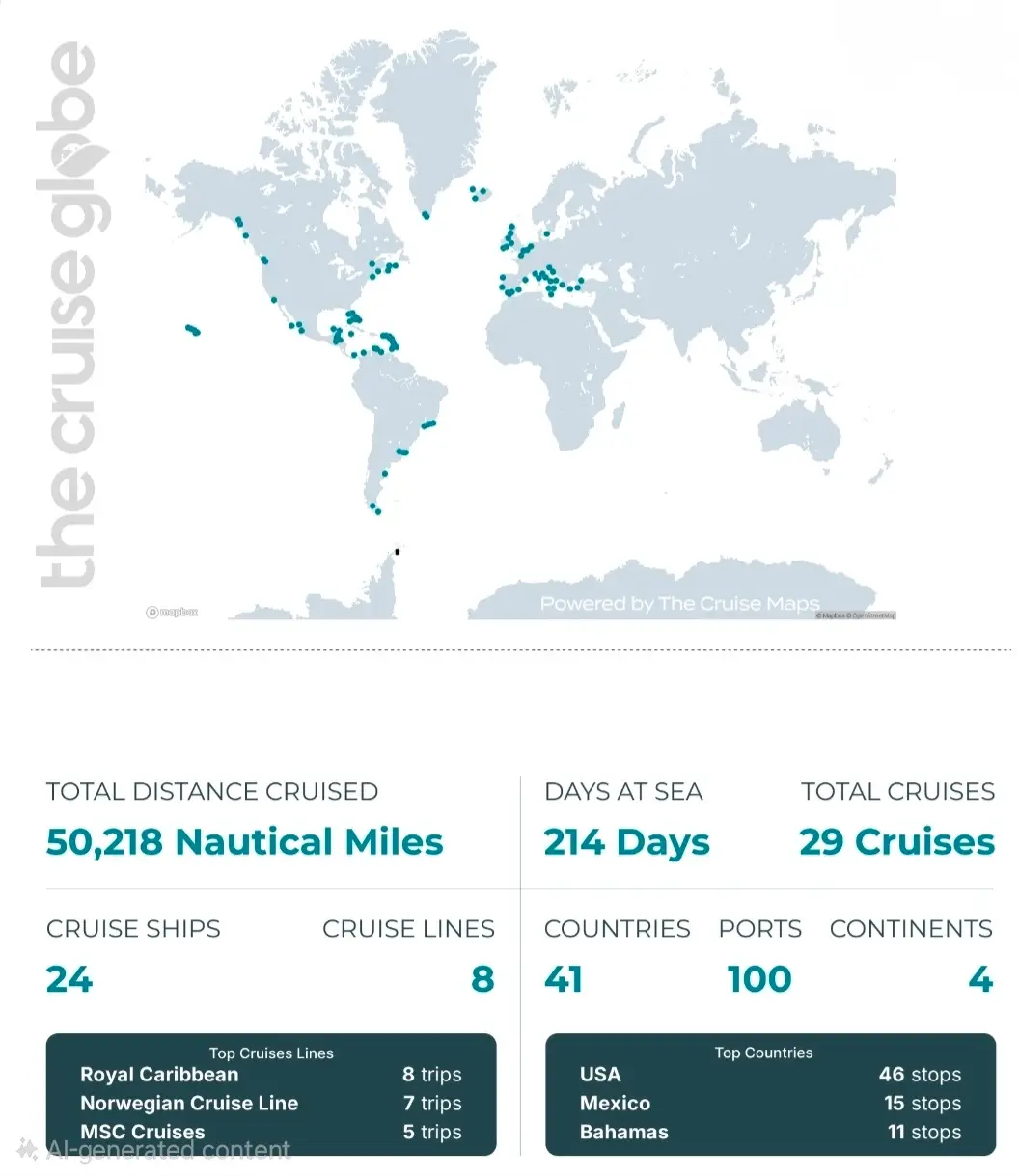 Cruise card showing ports visited and other statistics